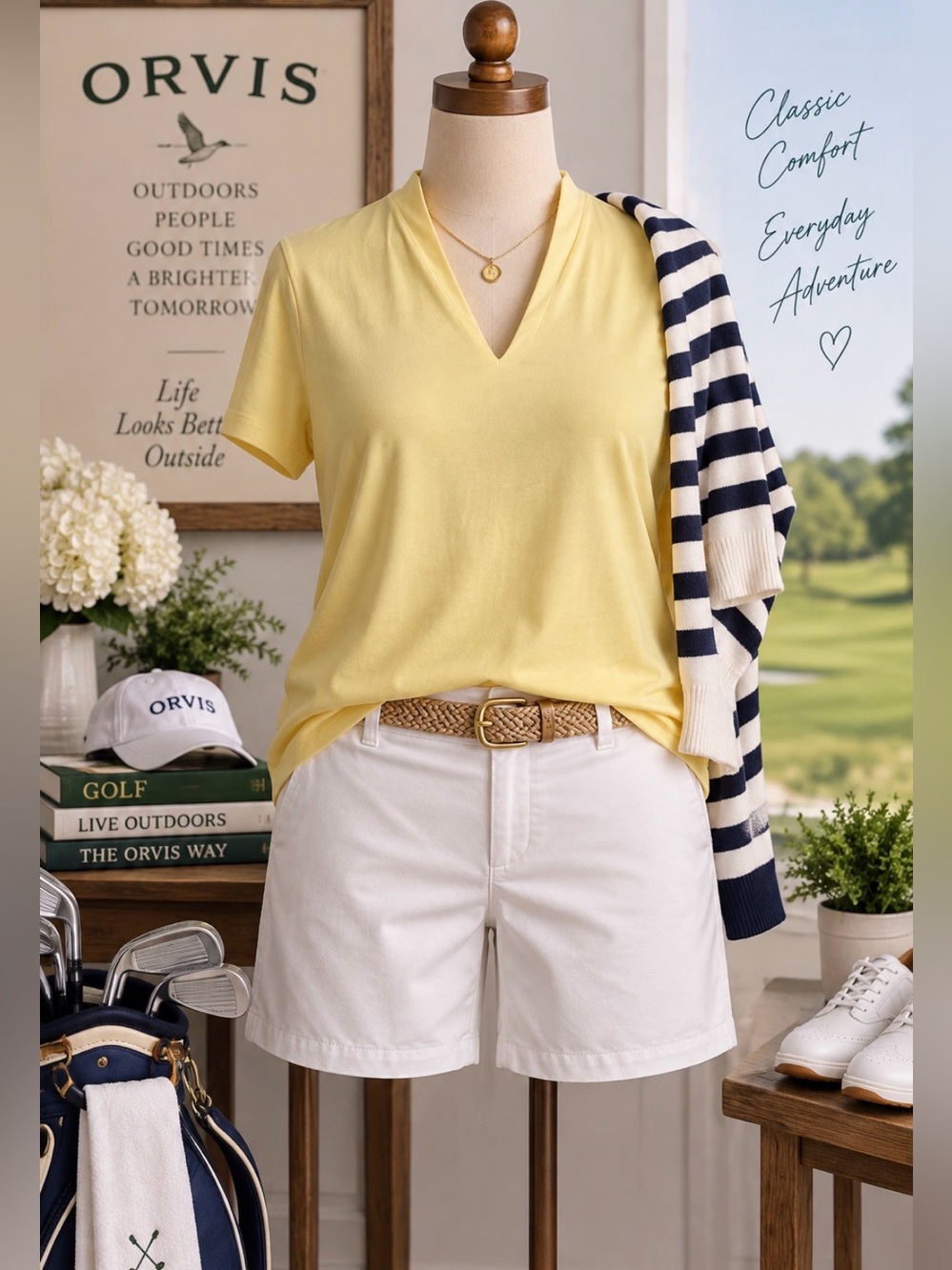 Orvis- Butter Yellow Narrow V-Neck Short Sleeve Tee - cotton blend thick knit